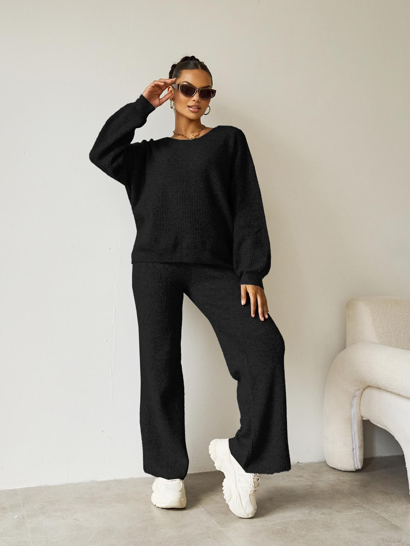 Women's Black Cozy Knit Scoop Neck Long Sleeve Loose Top & Stretch Trousers Co-ord