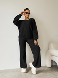 Women's Black Cozy Knit Scoop Neck Long Sleeve Loose Top & Stretch Trousers Co-ord