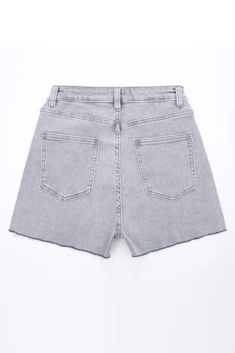 Layered High Waist Raw Hem Denim Skorts with Tassel Detail
