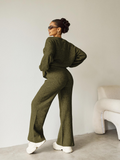 Women's Black Cozy Knit Scoop Neck Long Sleeve Loose Top & Stretch Trousers Co-ord