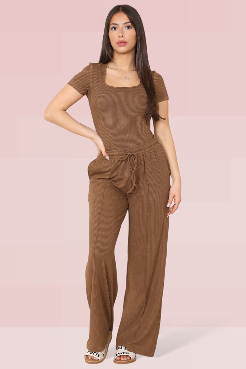 KATCH ME Black Trendy Square Neck Shaping Bodysuit & High Waist Wide Leg Trousers Co-ord Co-ord