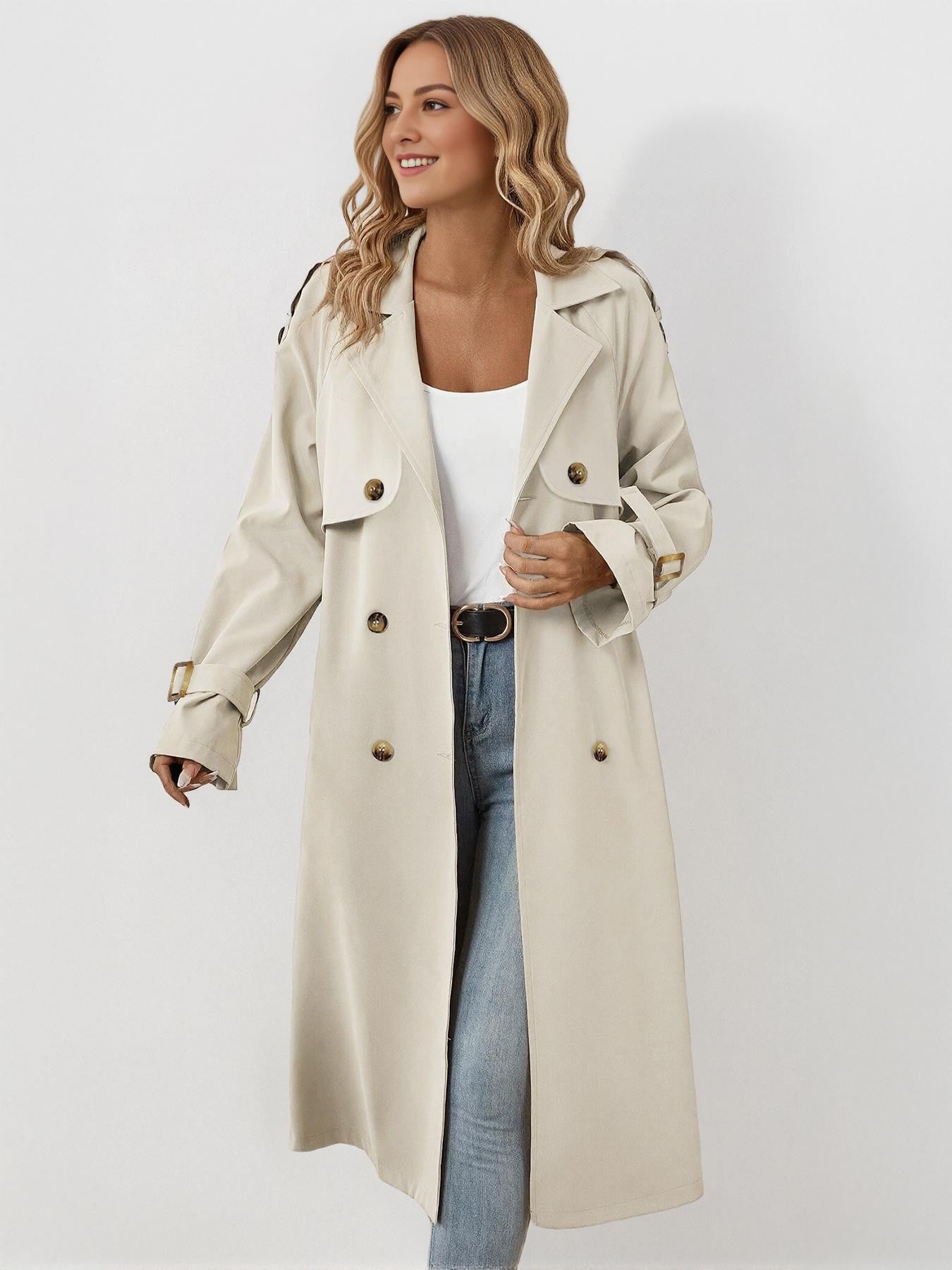 Classy Notch Lapel Double Breasted Belt Decor Trench Coat