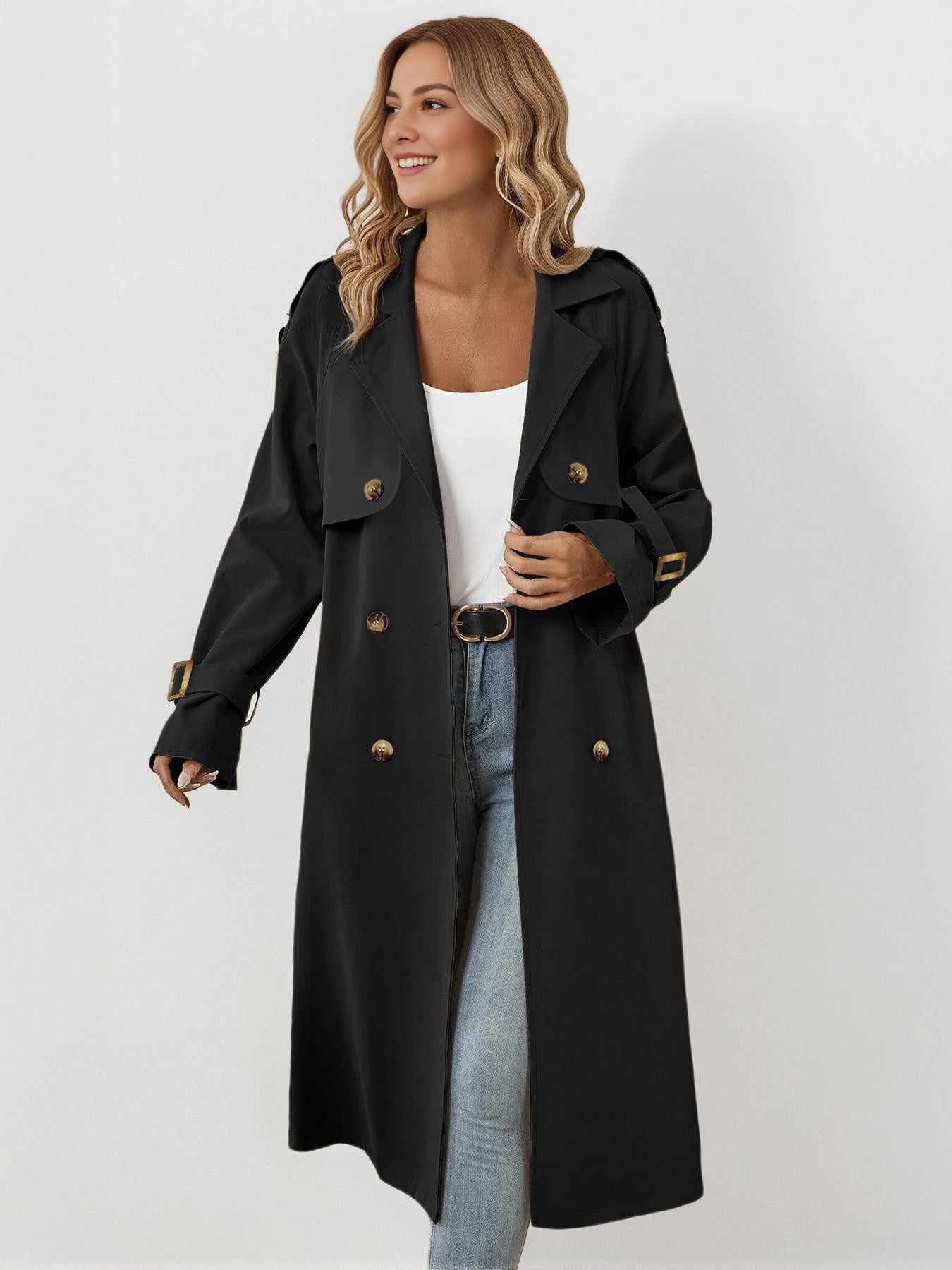 Classy Notch Lapel Double Breasted Belt Decor Trench Coat