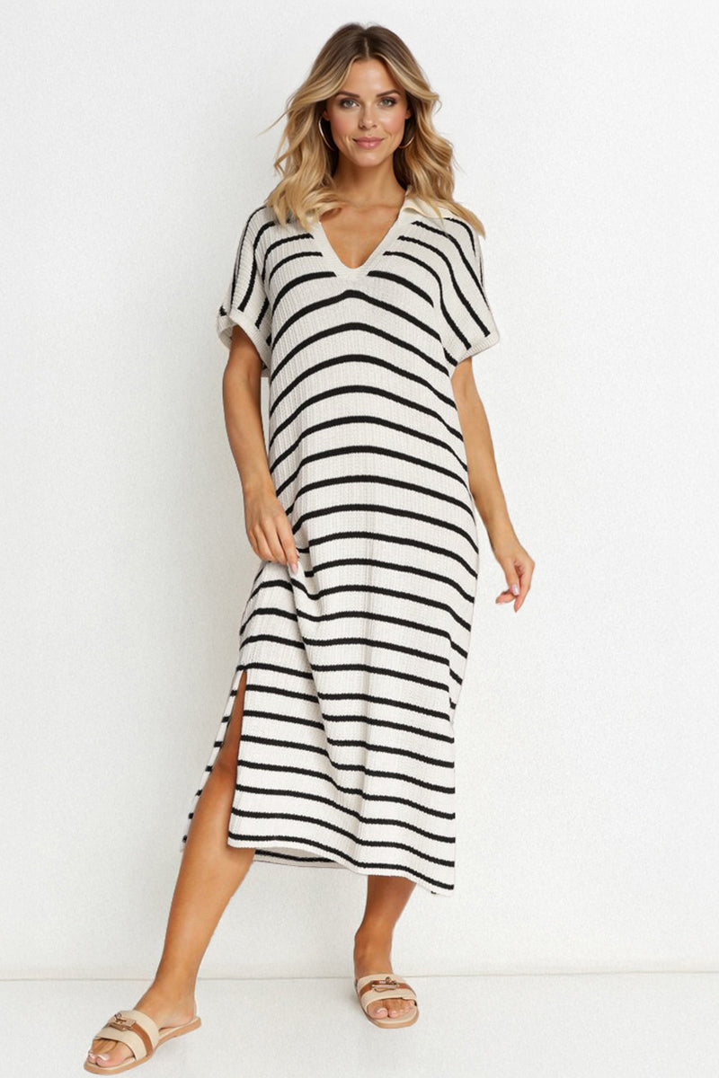 KATCH ME Casual V-Neck Batwing Midi Dress: Striped, Collared, Side Slit, Perfect for Going Out or Summer Slouchy Style Dresses 24.99