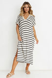 KATCH ME Casual V-Neck Batwing Midi Dress: Striped, Collared, Side Slit, Perfect for Going Out or Summer Slouchy Style Dresses 24.99