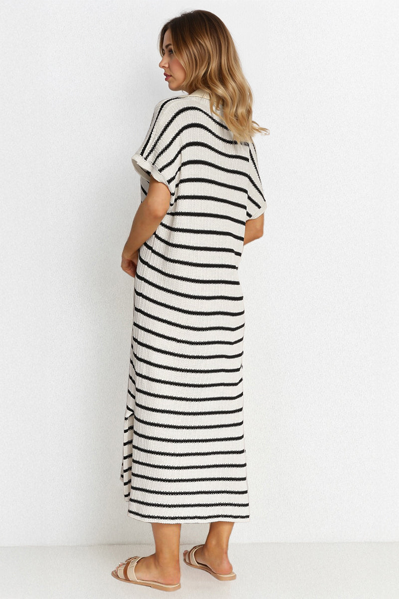KATCH ME Casual V-Neck Batwing Midi Dress: Striped, Collared, Side Slit, Perfect for Going Out or Summer Slouchy Style Dresses