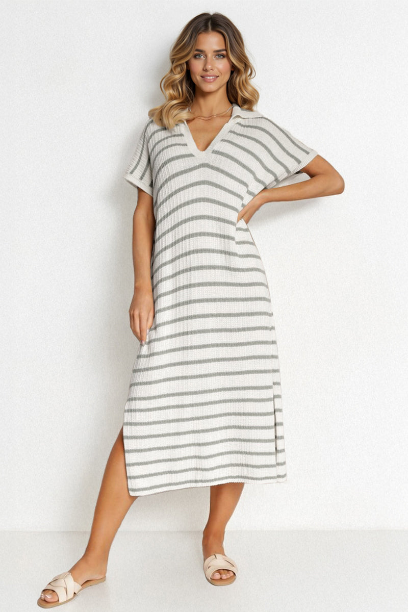 KATCH ME Casual V-Neck Batwing Midi Dress: Striped, Collared, Side Slit, Perfect for Going Out or Summer Slouchy Style Dresses 24.99