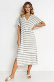 KATCH ME Casual V-Neck Batwing Midi Dress: Striped, Collared, Side Slit, Perfect for Going Out or Summer Slouchy Style Dresses 24.99