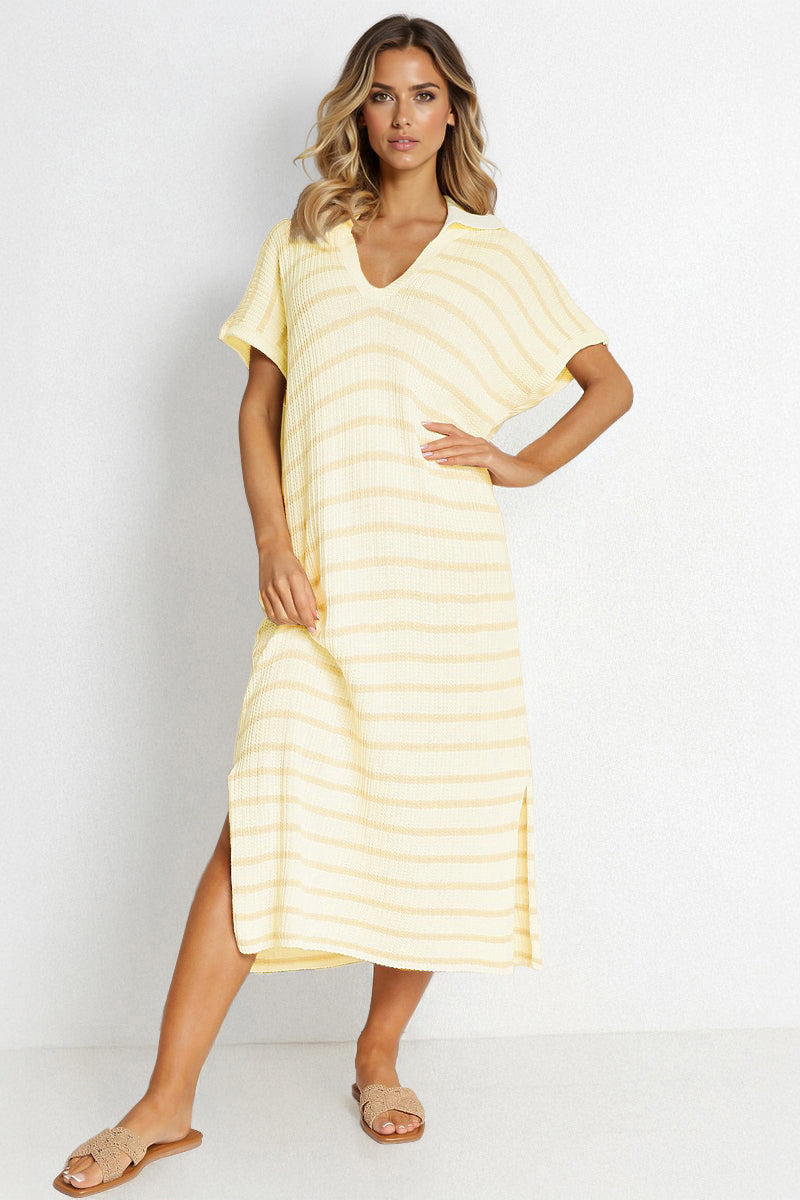 KATCH ME Casual V-Neck Batwing Midi Dress: Striped, Collared, Side Slit, Perfect for Going Out or Summer Slouchy Style Dresses 24.99