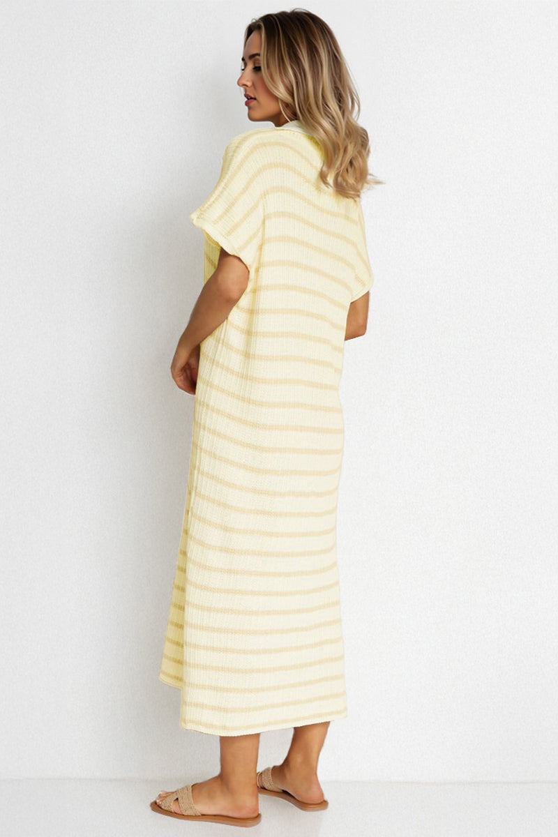 KATCH ME Casual V-Neck Batwing Midi Dress: Striped, Collared, Side Slit, Perfect for Going Out or Summer Slouchy Style Dresses