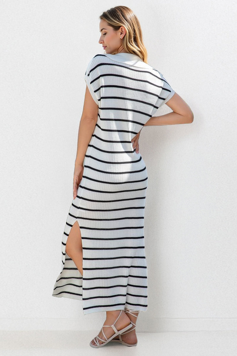 KATCH ME Casual V-Neck Batwing Midi Dress: Striped, Collared, Side Slit, Perfect for Going Out or Summer Slouchy Style Dresses