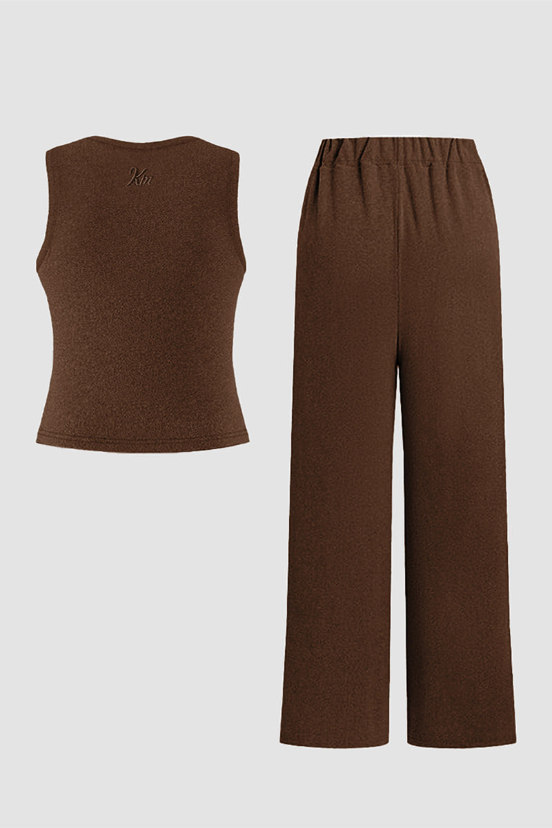 KATCH ME Summer Co-ord Set: Solid Color Shelf-Bra Tank Top & Wide Leg Trousers