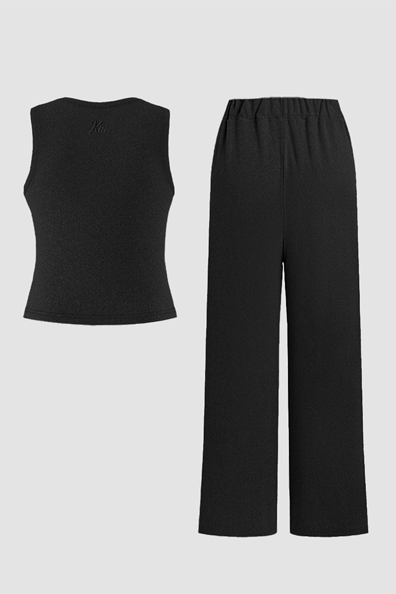 KATCH ME Summer Co-ord Set: Solid Color Shelf-Bra Tank Top & Wide Leg Trousers