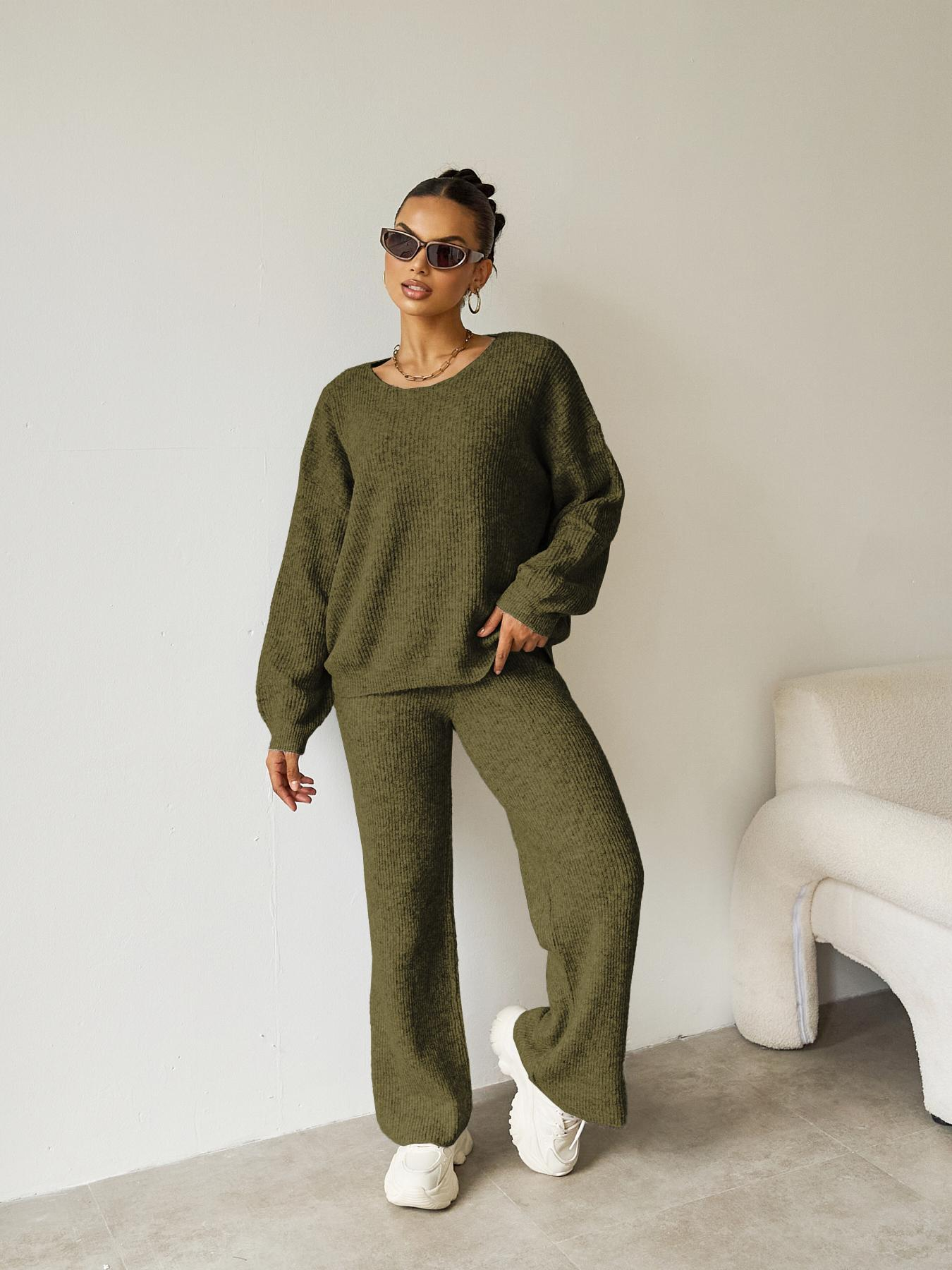 Women's Black Cozy Knit Scoop Neck Long Sleeve Loose Top & Stretch Trousers Co-ord