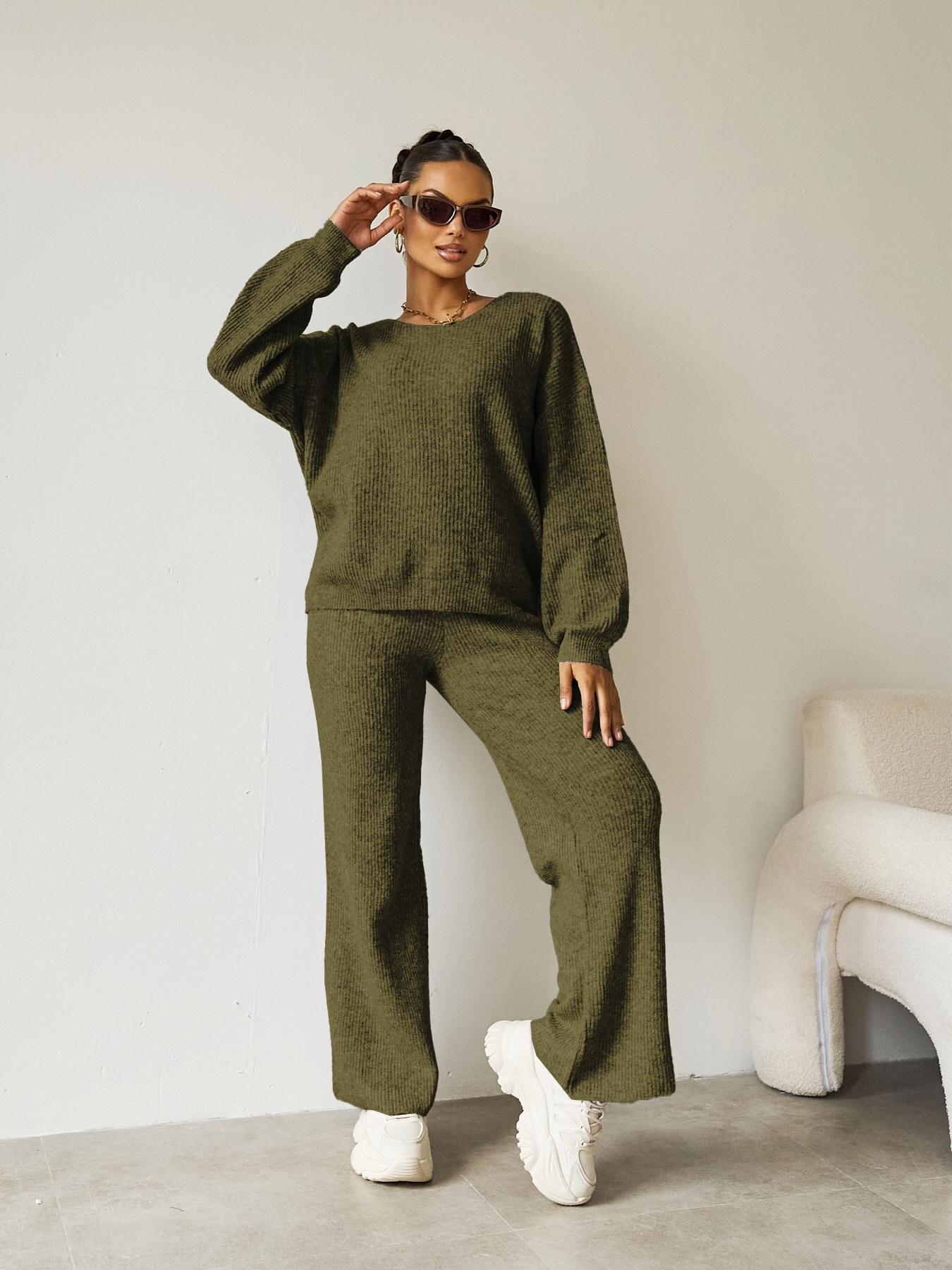 Women's Black Cozy Knit Scoop Neck Long Sleeve Loose Top & Stretch Trousers Co-ord