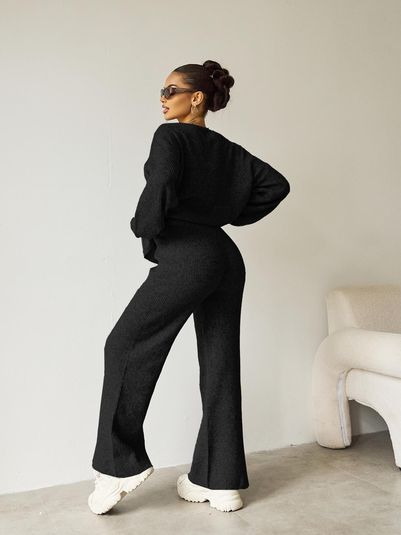 Women's Black Cozy Knit Scoop Neck Long Sleeve Loose Top & Stretch Trousers Co-ord