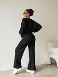 Women's Black Cozy Knit Scoop Neck Long Sleeve Loose Top & Stretch Trousers Co-ord