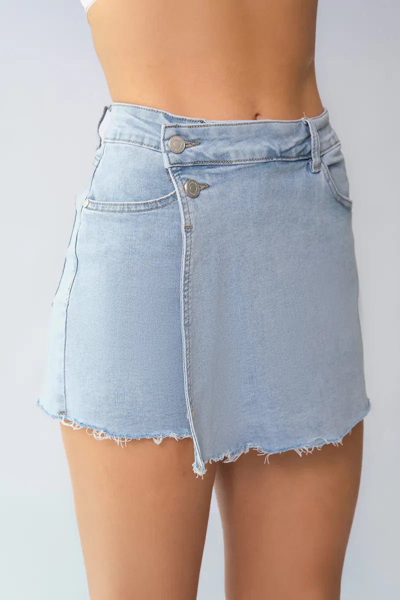 Layered High Waist Raw Hem Denim Skorts with Tassel Detail