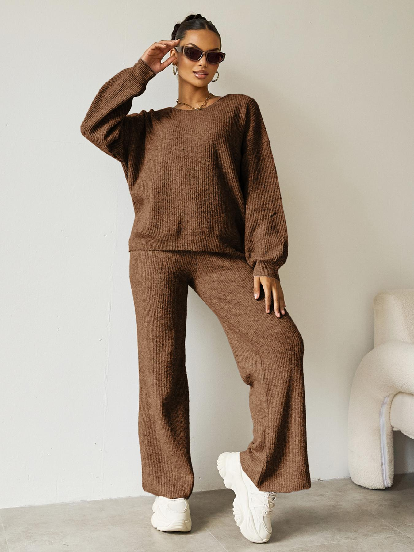 Women's Black Cozy Knit Scoop Neck Long Sleeve Loose Top & Stretch Trousers Co-ord