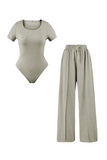 KATCH ME Black Trendy Square Neck Shaping Bodysuit & High Waist Wide Leg Trousers Co-ord Co-ord