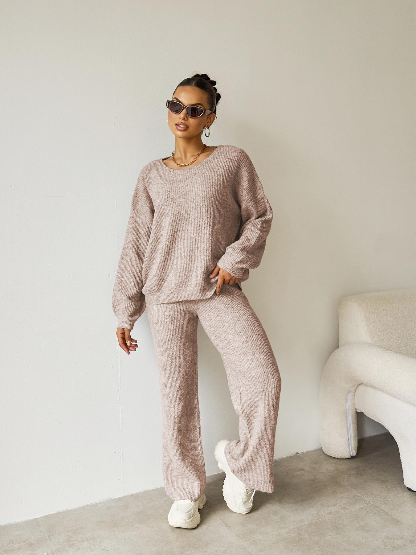 Women's Black Cozy Knit Scoop Neck Long Sleeve Loose Top & Stretch Trousers Co-ord