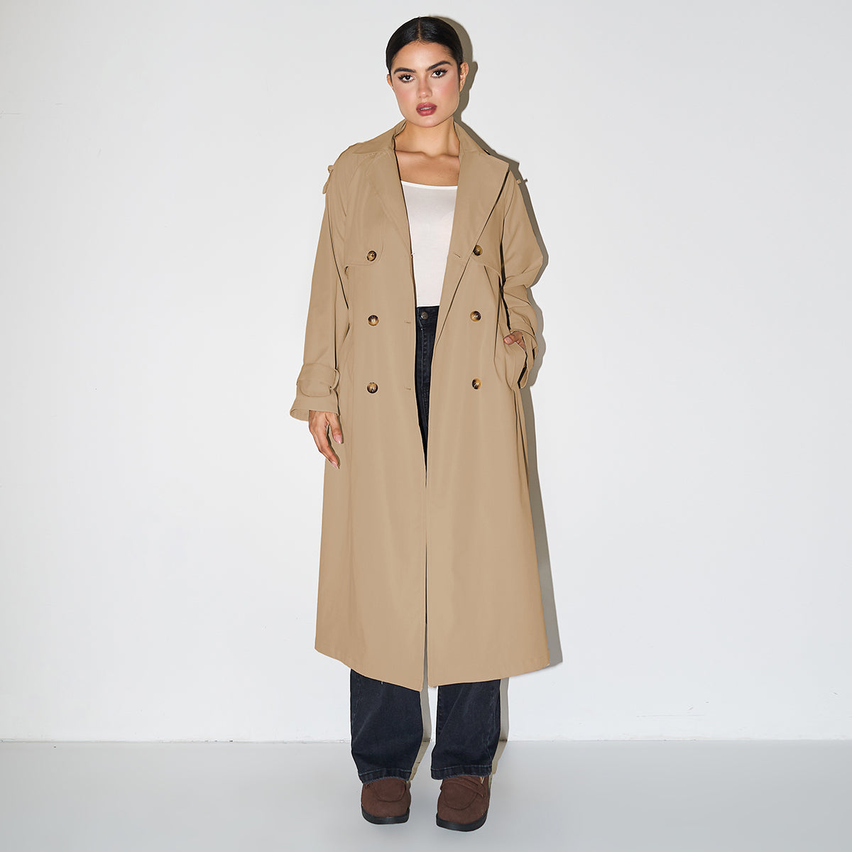 Classy Notch Lapel Double Breasted Belt Decor Trench Coat