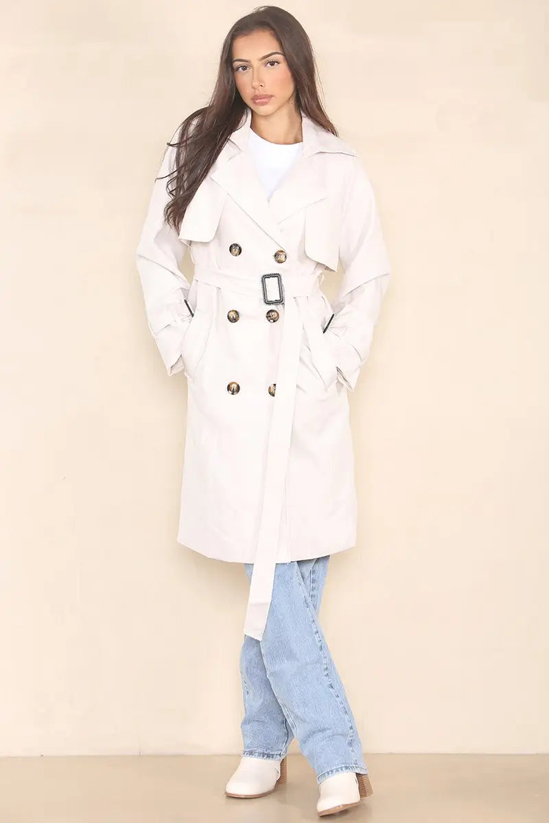 KATCH ME Beige Notch Lapel Double Breasted Belt Decor Trench Coat Coat