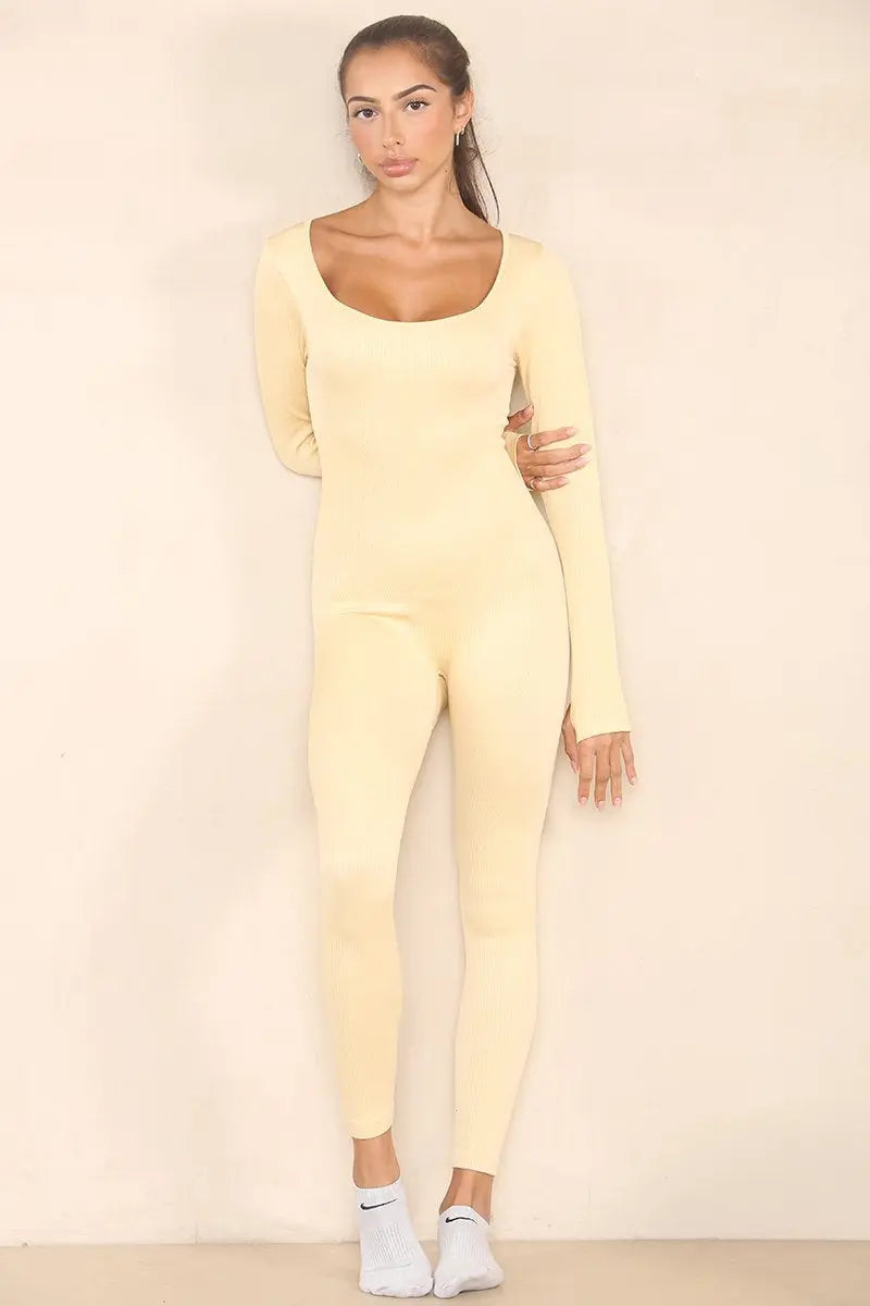 KATCH ME Beige Seamless U Neck Long Sleeve Shaping Jumpsuit Jumpsuit