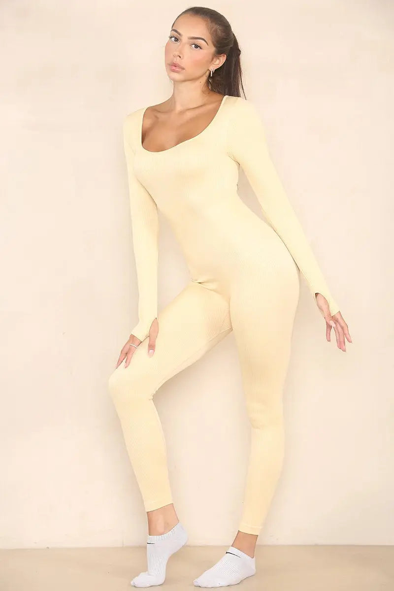 KATCH ME Beige Seamless U Neck Long Sleeve Shaping Jumpsuit Jumpsuit