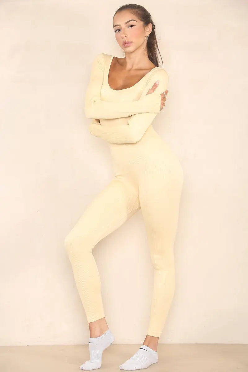 KATCH ME Beige Seamless U Neck Long Sleeve Shaping Jumpsuit Jumpsuit