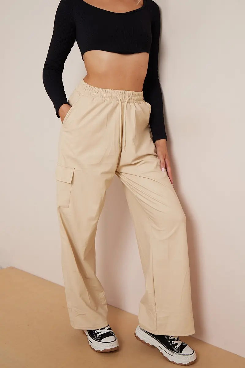 KATCH ME Beige Wide Leg Pockets PU Cargo Pants Trousers