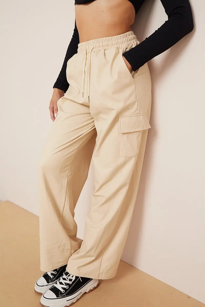 KATCH ME Beige Wide Leg Pockets PU Cargo Pants Trousers