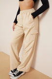 KATCH ME Beige Wide Leg Pockets PU Cargo Pants Trousers