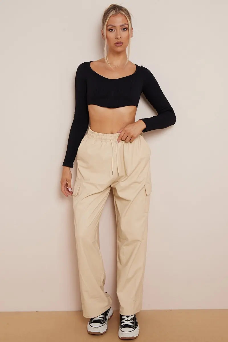 KATCH ME Beige Wide Leg Pockets PU Cargo Pants Trousers