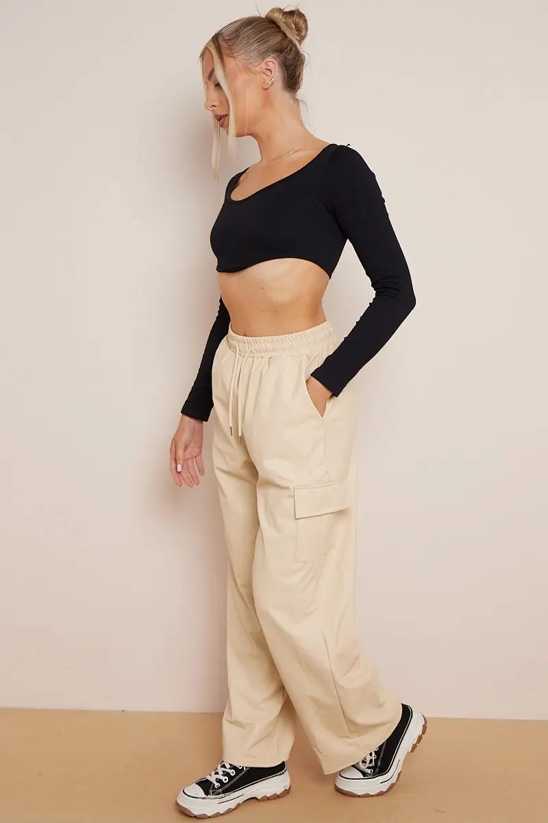 KATCH ME Beige Wide Leg Pockets PU Cargo Pants Trousers
