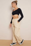 KATCH ME Beige Wide Leg Pockets PU Cargo Pants Trousers