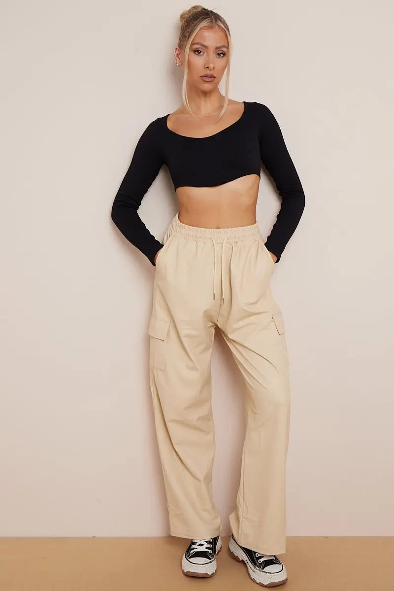 KATCH ME Beige Wide Leg Pockets PU Cargo Pants Trousers