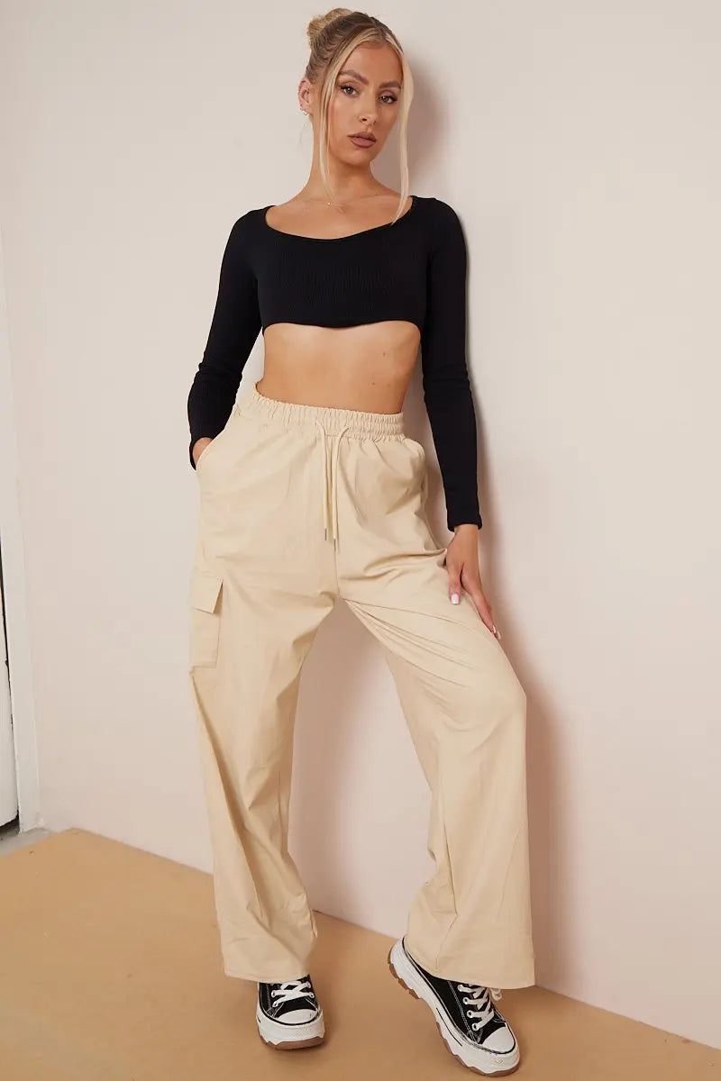 KATCH ME Beige Wide Leg Pockets PU Cargo Pants Trousers
