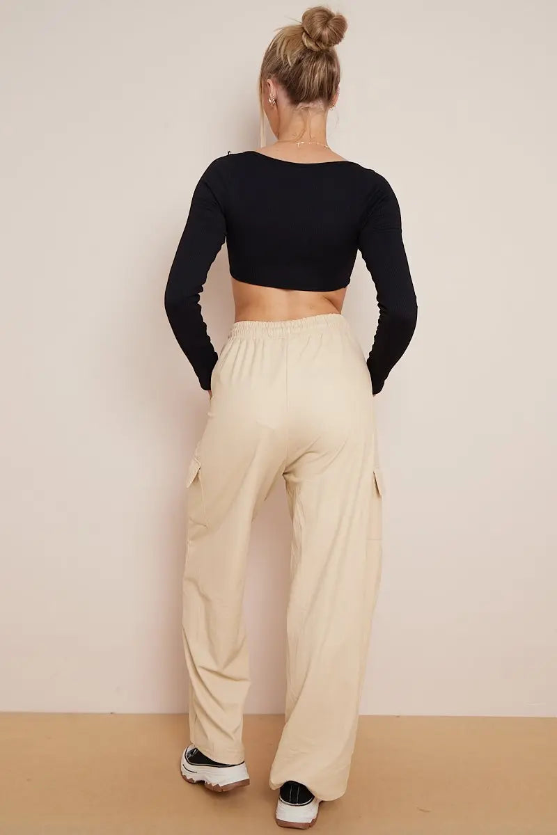 KATCH ME Beige Wide Leg Pockets PU Cargo Pants Trousers