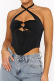 Black Hollow Out Halter Fishbone Top