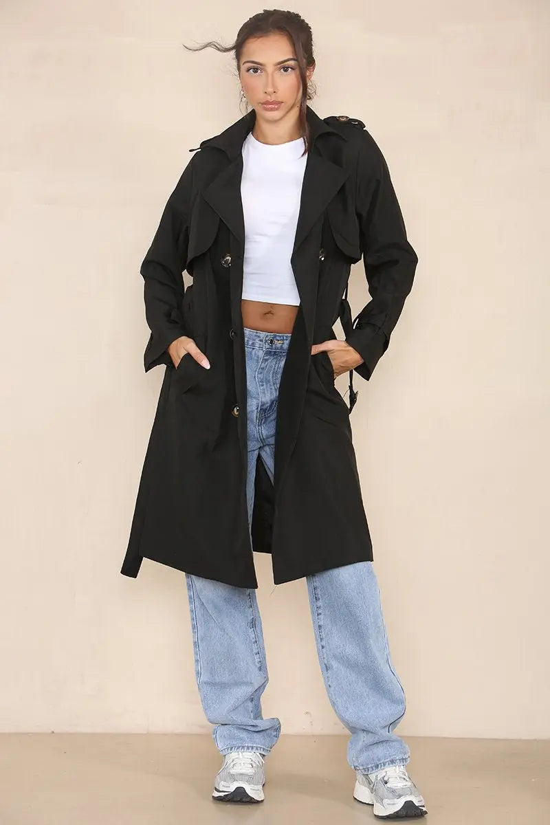 KATCH ME Black Notch Lapel Double Breasted Belt Decor Trench Coat Coat