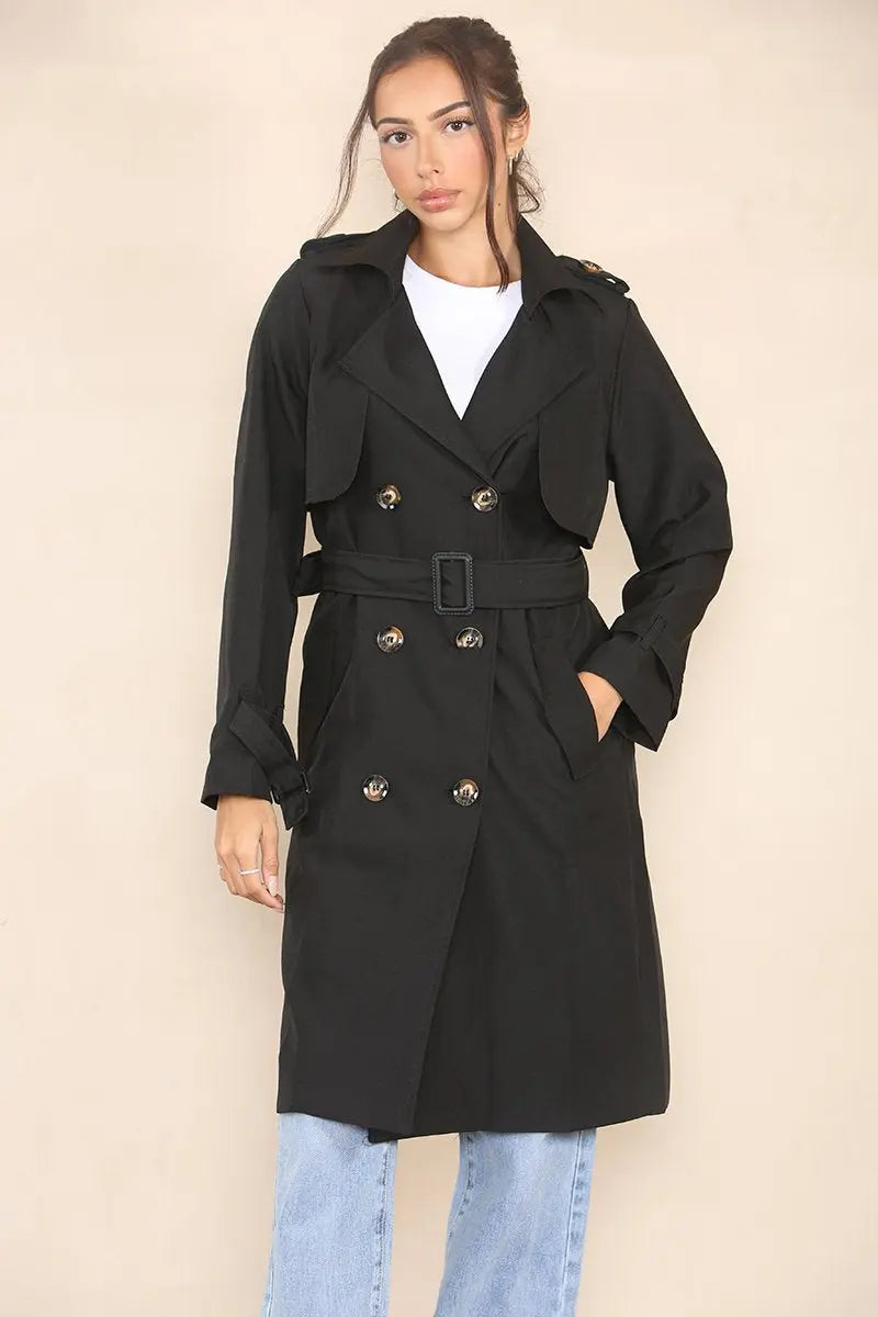 KATCH ME Black Notch Lapel Double Breasted Belt Decor Trench Coat Coat