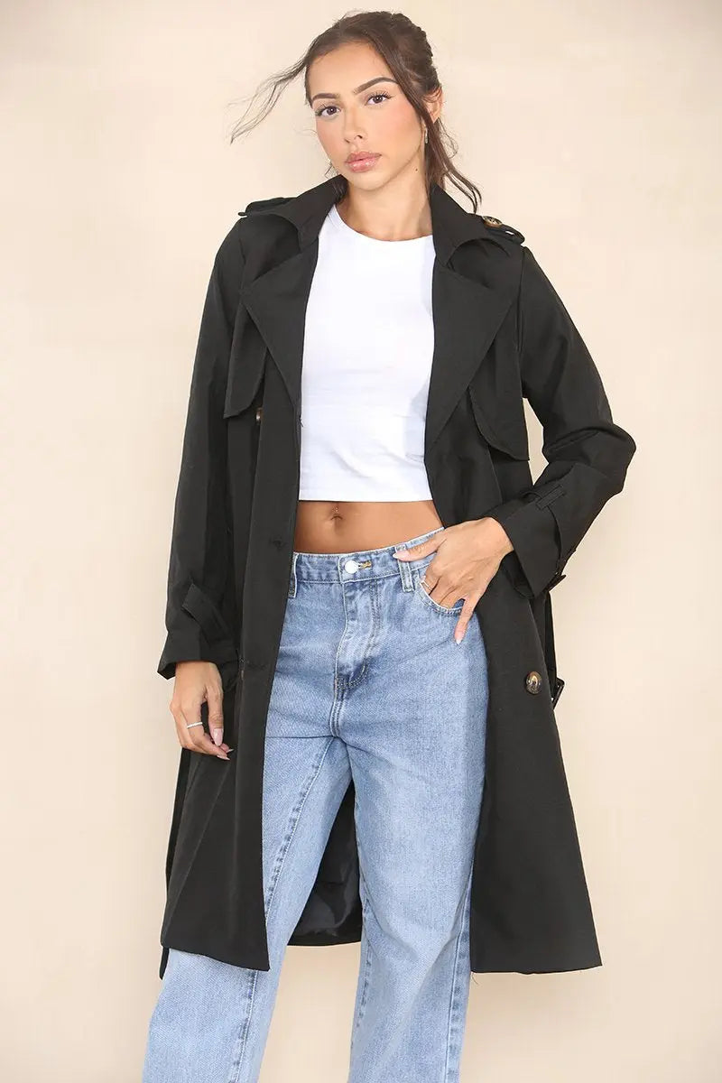 KATCH ME Black Notch Lapel Double Breasted Belt Decor Trench Coat Coat