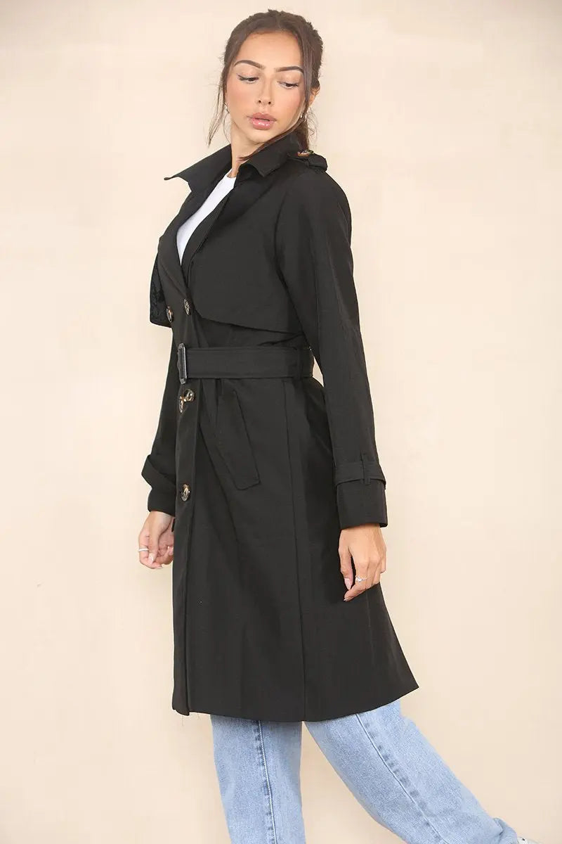 KATCH ME Black Notch Lapel Double Breasted Belt Decor Trench Coat Coat