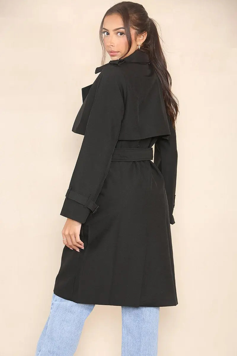 KATCH ME Black Notch Lapel Double Breasted Belt Decor Trench Coat Coat