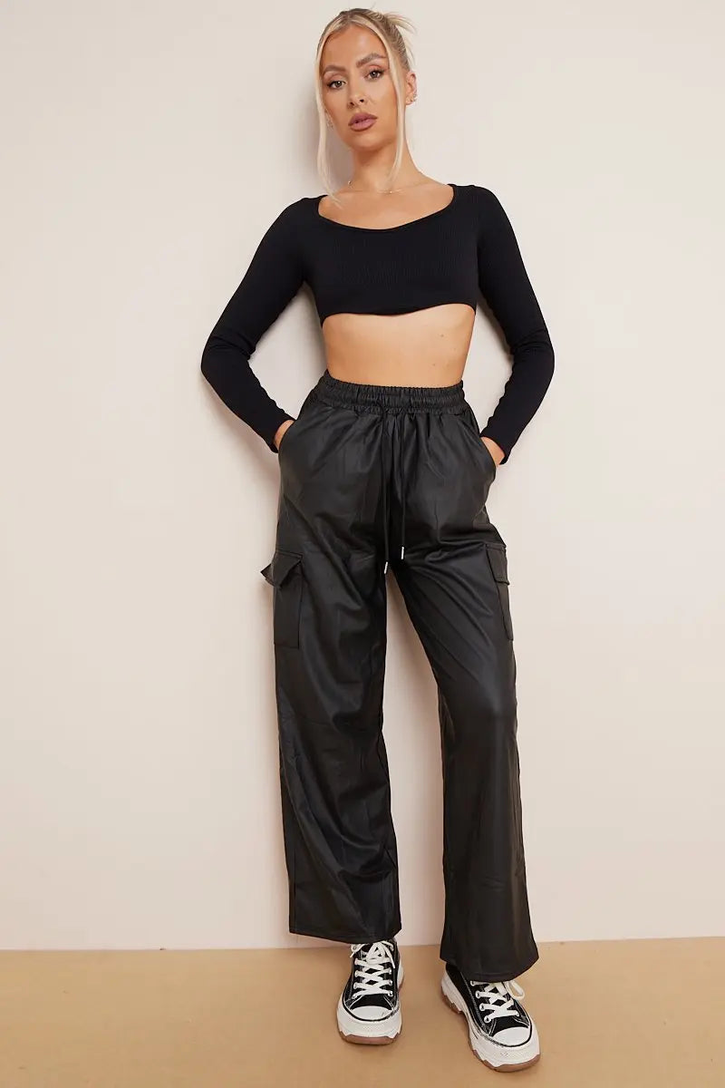KATCH ME Black Wide Leg Pockets PU Cargo Pants Trousers