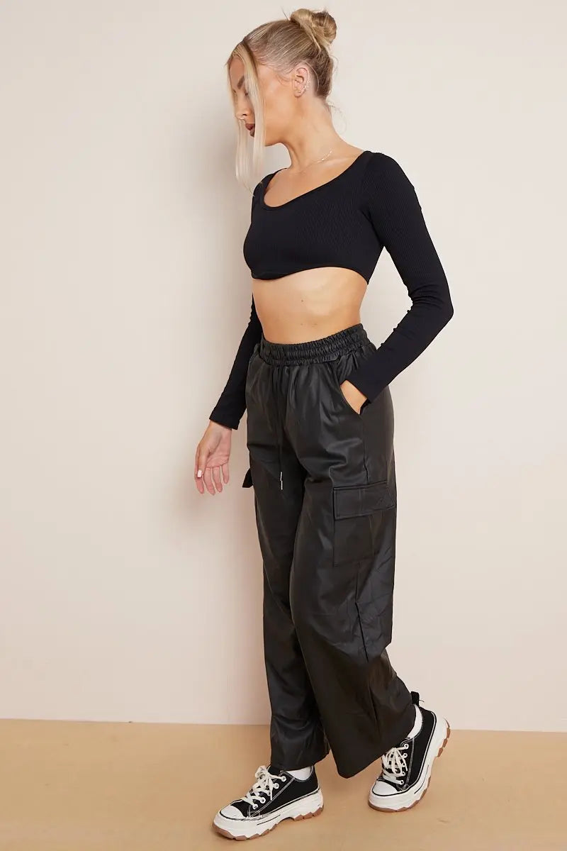 KATCH ME Black Wide Leg Pockets PU Cargo Pants Trousers
