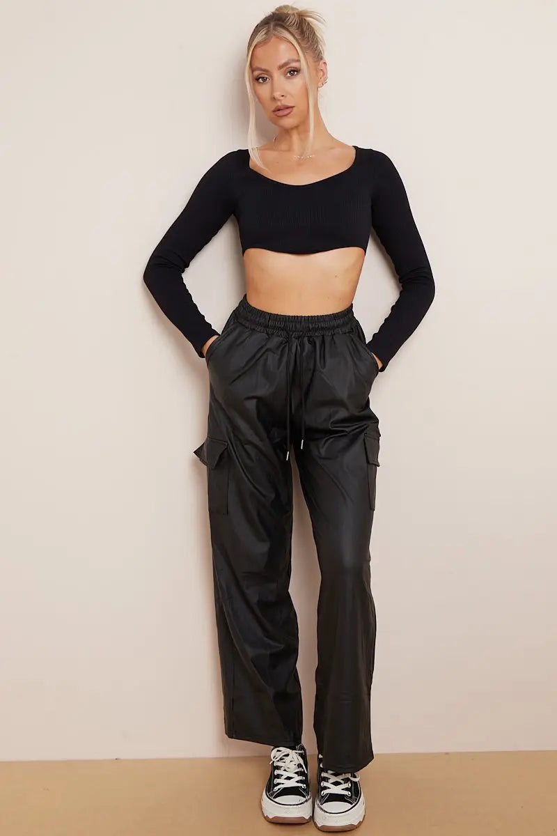 KATCH ME Black Wide Leg Pockets PU Cargo Pants Trousers