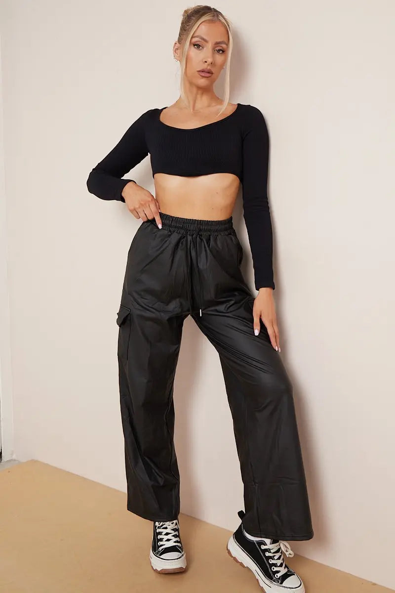 KATCH ME Black Wide Leg Pockets PU Cargo Pants Trousers
