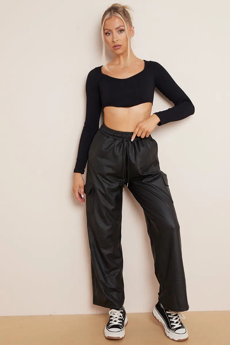 KATCH ME Black Wide Leg Pockets PU Cargo Pants Trousers